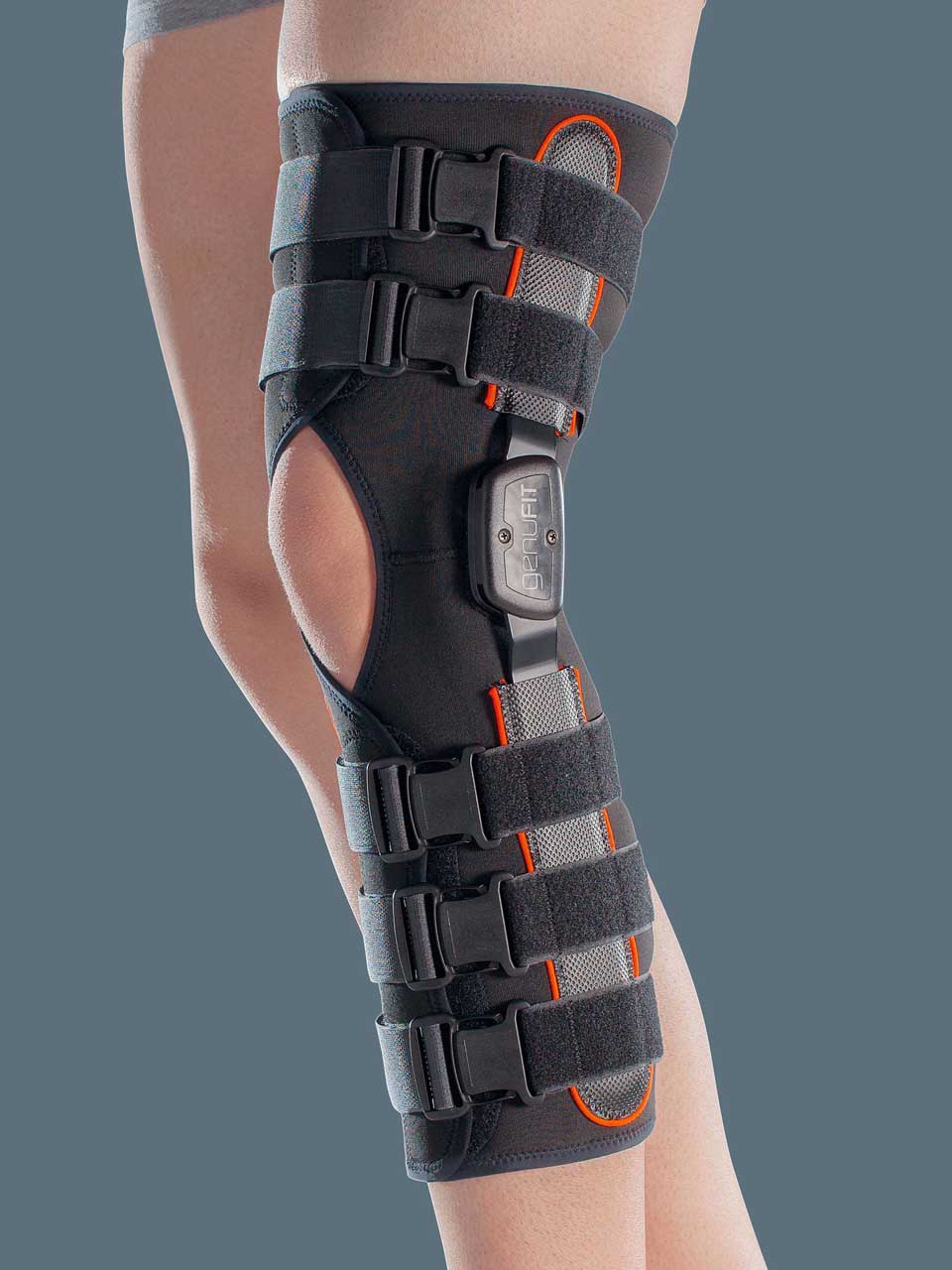 GENUFIT 50A - Knieorthese aus AirX™ Gewebe mit polyzentrischen Gelenkschienen zur Flexion/Extension-Einstellung, 50 cm lang, zum Öffnen