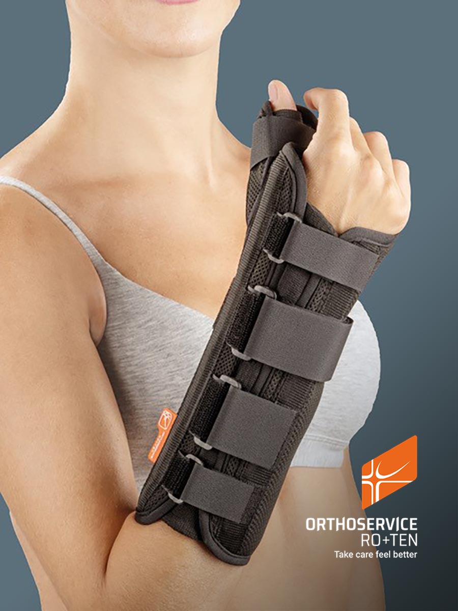 Polfit 22  Long-size wrist immobilizer with thumb support, open, with rigid and malleable stays